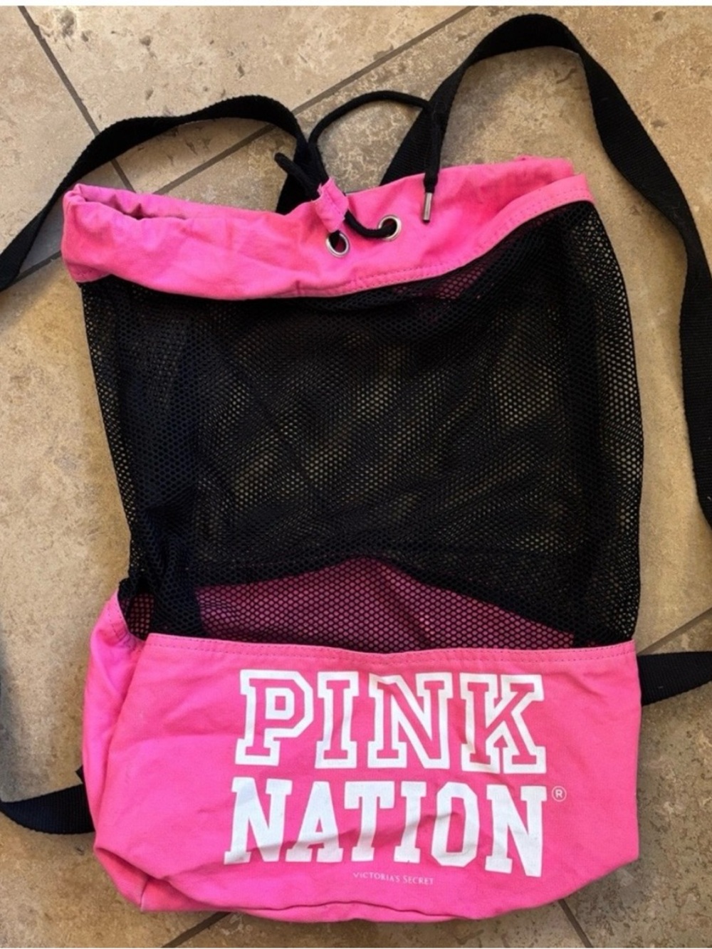 PINK Victoria's Secret Black Mesh Drawstring Backpack with Hot Pink Trim